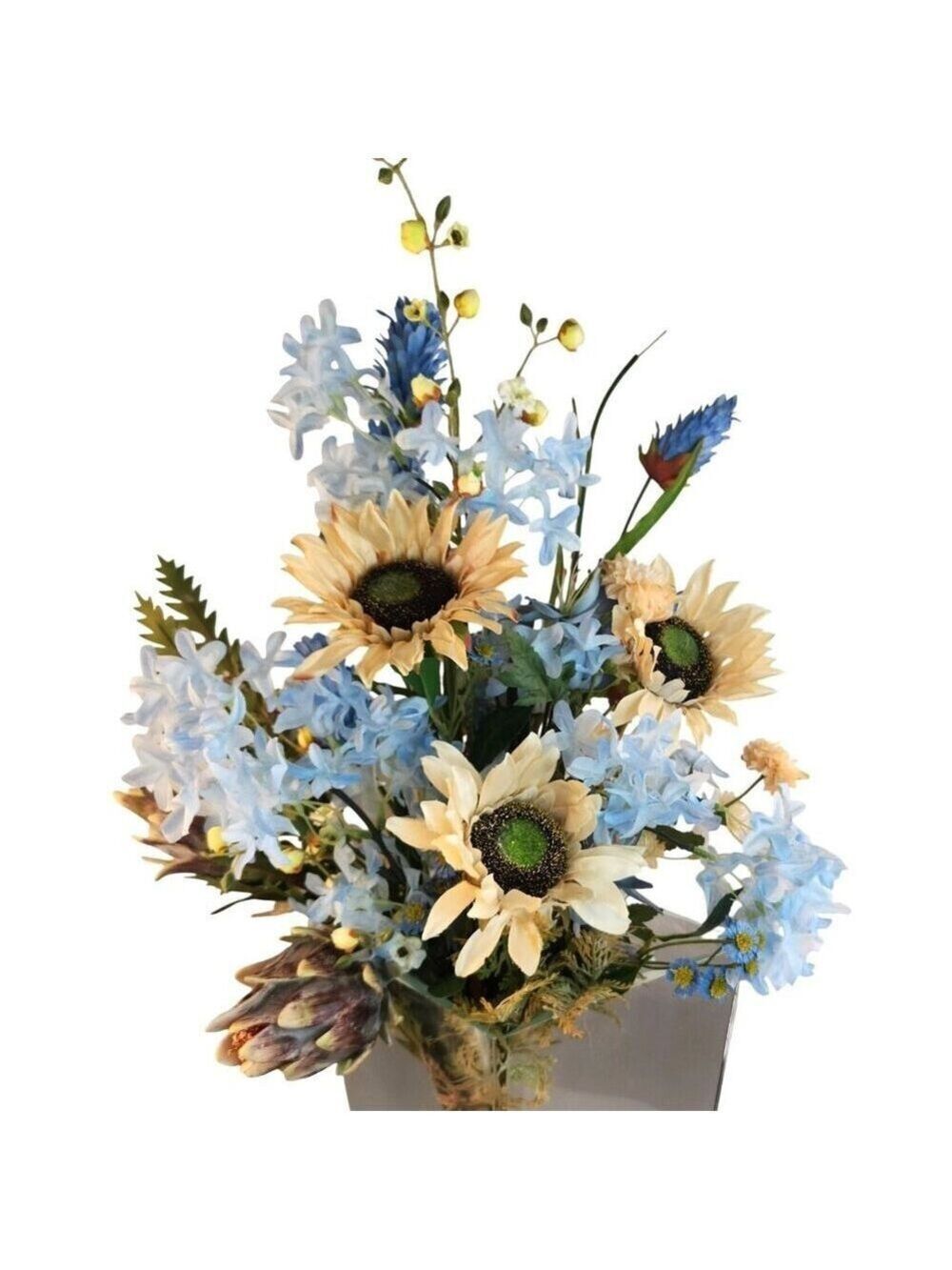 Hand Tied Artificial Flower Bouquet With Sunflowers & Blue Accents